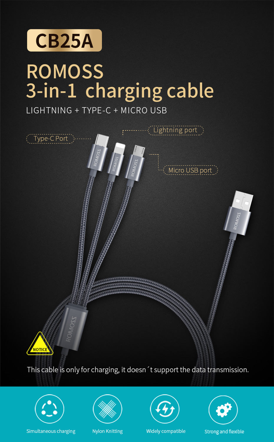 ROMOSS1.5m one drag three data cable