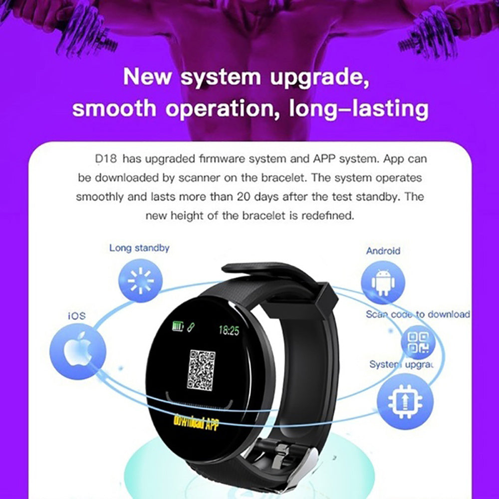 D18 Bluetooth Smart Watch, Blood Pressure Heart Rate Monitor For Android IOS